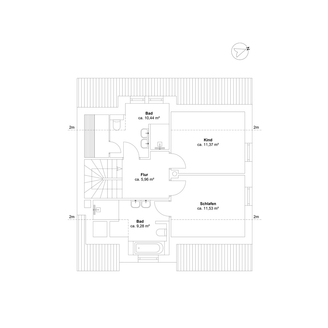 Im Obergeschoss gelangt man durch den an die Treppe angrenzenden Flur in alle Räume. Es gibt ein großes Schlafzmmer mit einem Vollbad EnSuite. Das Andere Zimmer ist das Kinderzimmer und hat keinen eigenen Zugang zum zweiten Badezimmer. Dieses wird durch den Flur erreicht und hat eine Duschen, sowie eine Sauna.