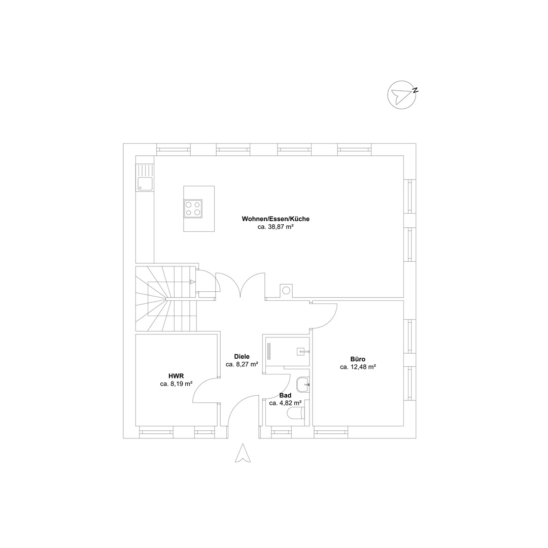 Diese Abbildung zeigt den Grundriss des Hauses. Das Haus eröffnet sich durch die Diele in alle im Erdgeschoss liegenden Räume. Dazu gehört der Hauswirtschaftsraum, ein Wohnbereich mit Küche, ein Gästebad und ein Gästezimmer. Das Wohnzimmer verfügt über einen Kamin und ausgänge nach draußen. Das Gästebad hat eine Dusche.